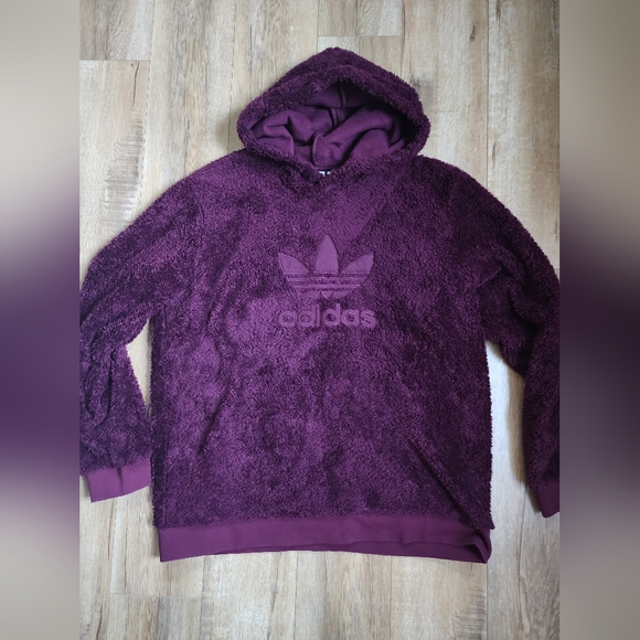RARE! ADIDAS Winterized Fuzzy Maroon Purple TREFOIL Sherpa HOODIE Men's L Large - Picture 2 of 7